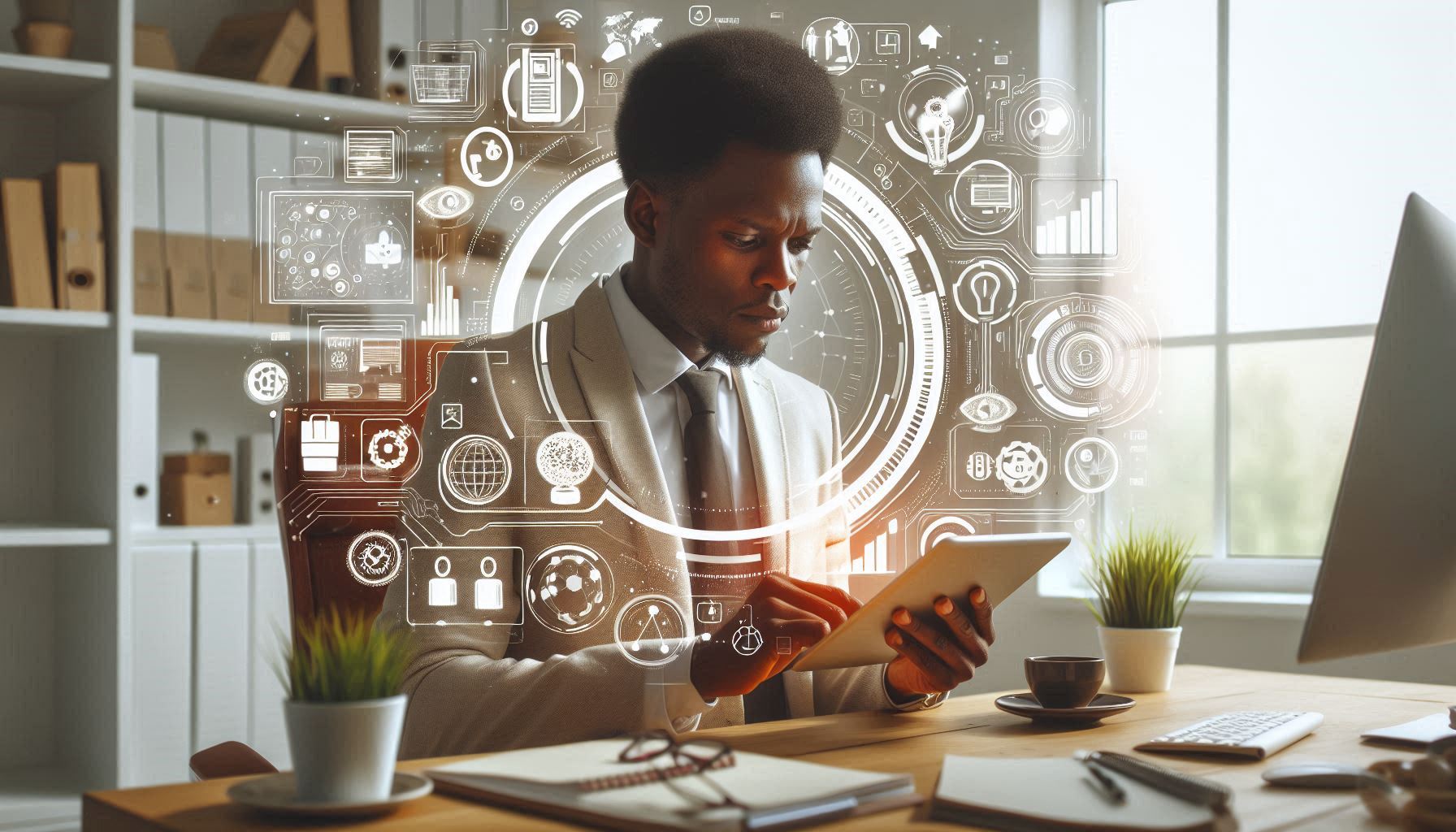 A professional man reading about online business trends for 2025, surrounded by icons like AI, e-commerce, and digital marketing.