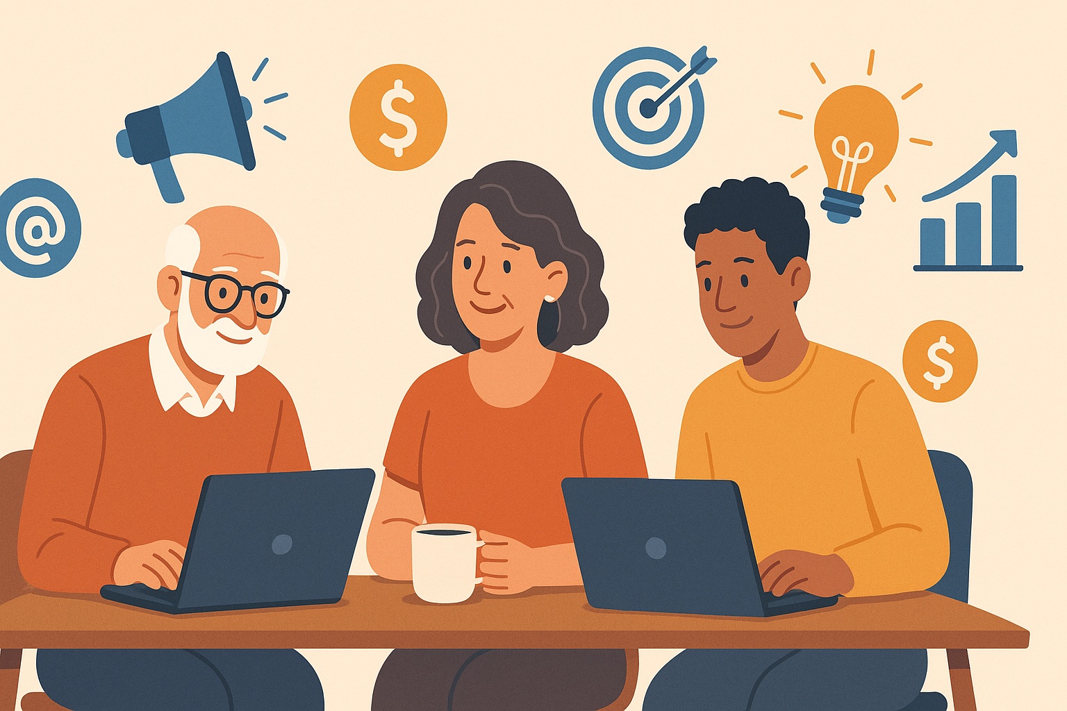 A diverse group of three individuals, an older man, a middle-aged woman, and a young man, all working on laptops and engaging with affiliate marketing, surrounded by related marketing icons.
