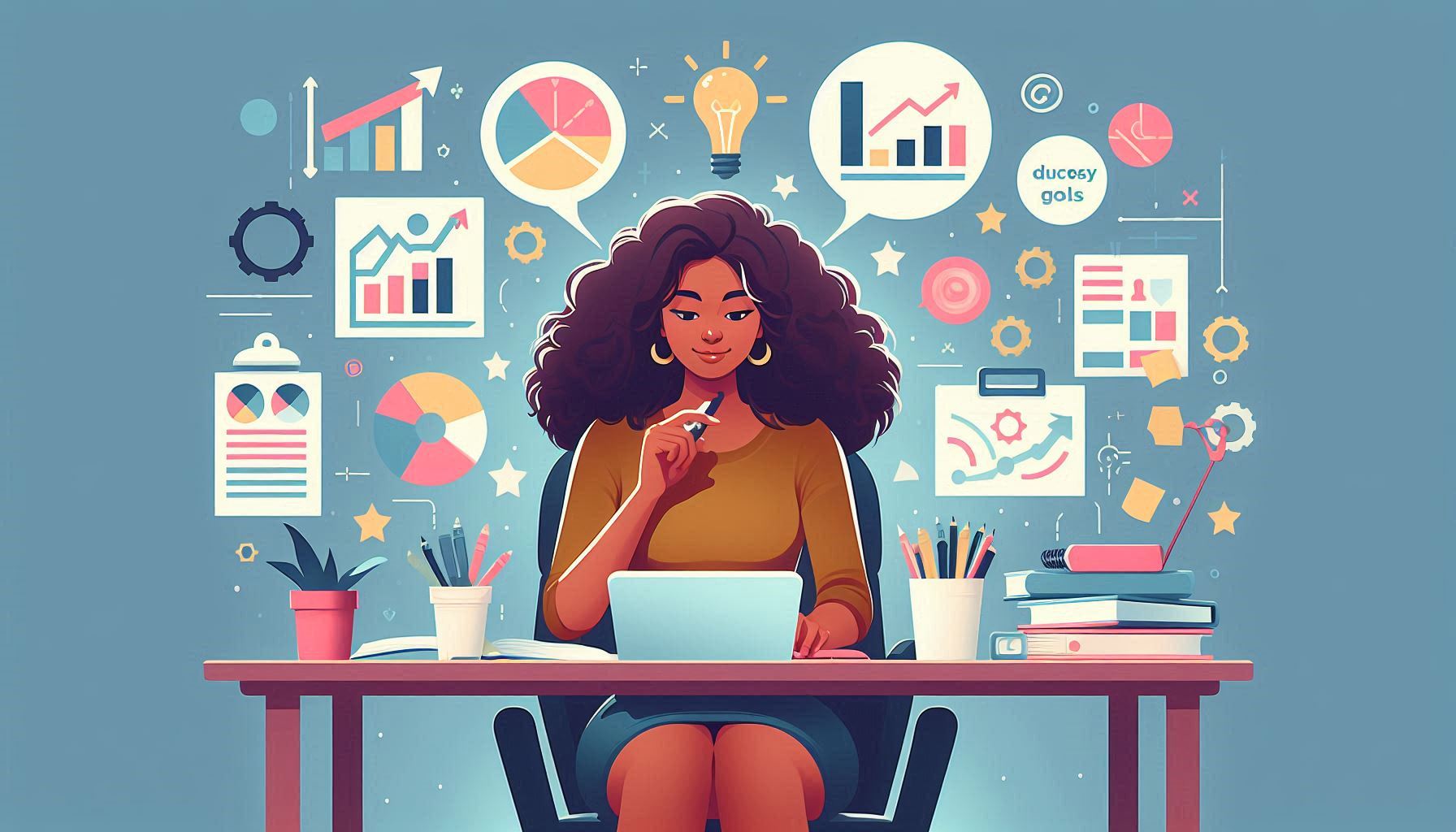 A young woman writing her business plan, surrounded by icons representing strategy, growth, and planning.