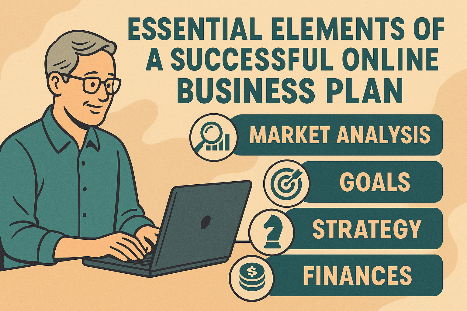 A middle-aged man with short gray hair and glasses, working on his laptop and reviewing an online business plan with icons for market analysis, goals, strategy, and finances.