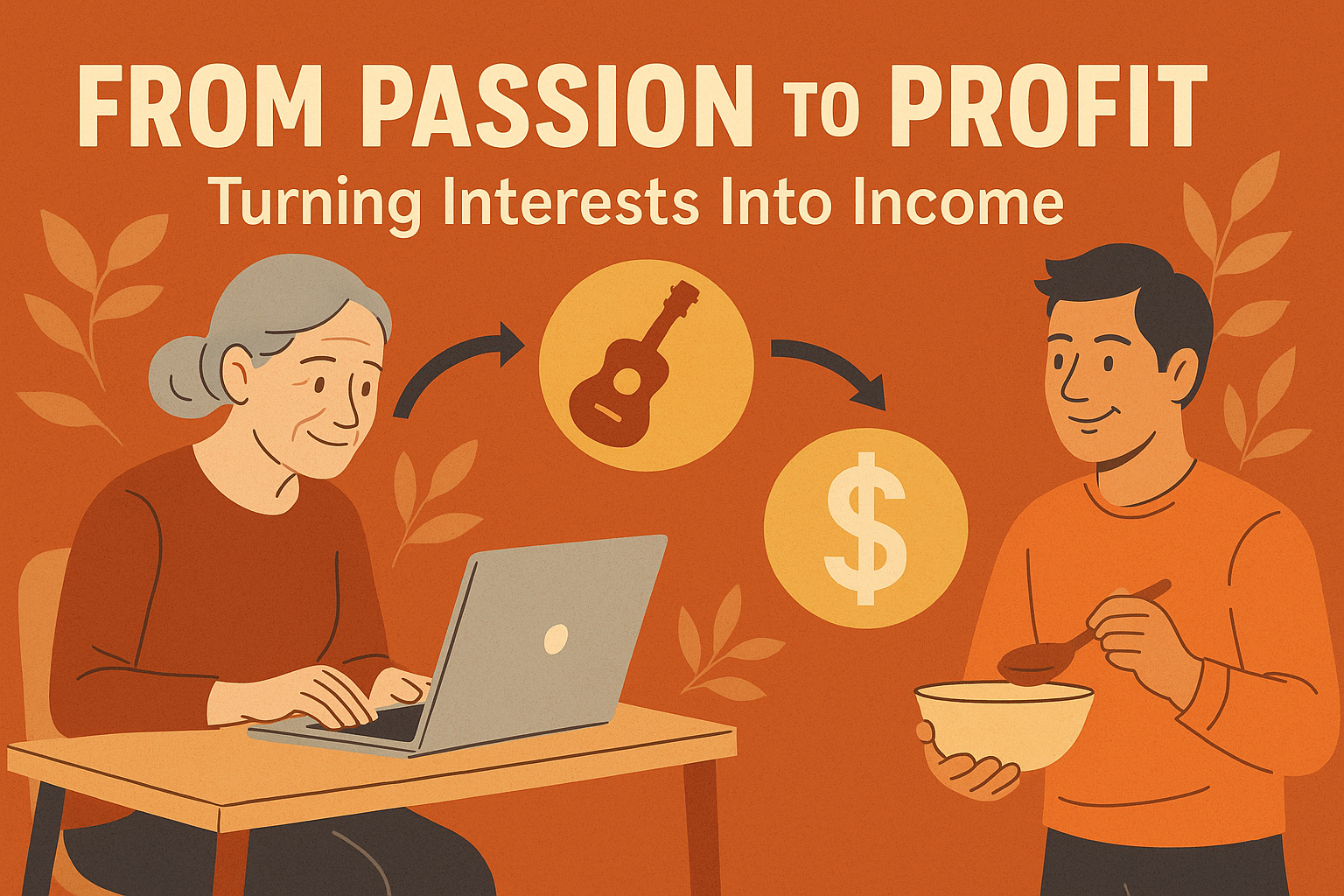 An elderly woman with white hair and glasses, focused on her laptop, with icons of a guitar leading to a dollar sign symbolizing turning creative passions into income.