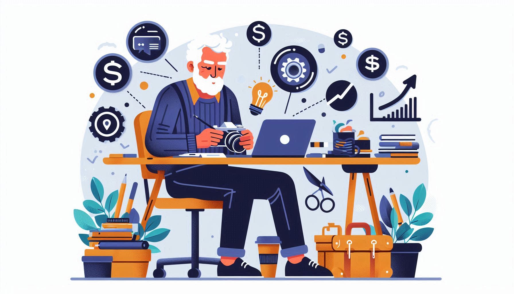 An elderly man turning his hobby into a business, surrounded by icons of growth, success, and creative tools.