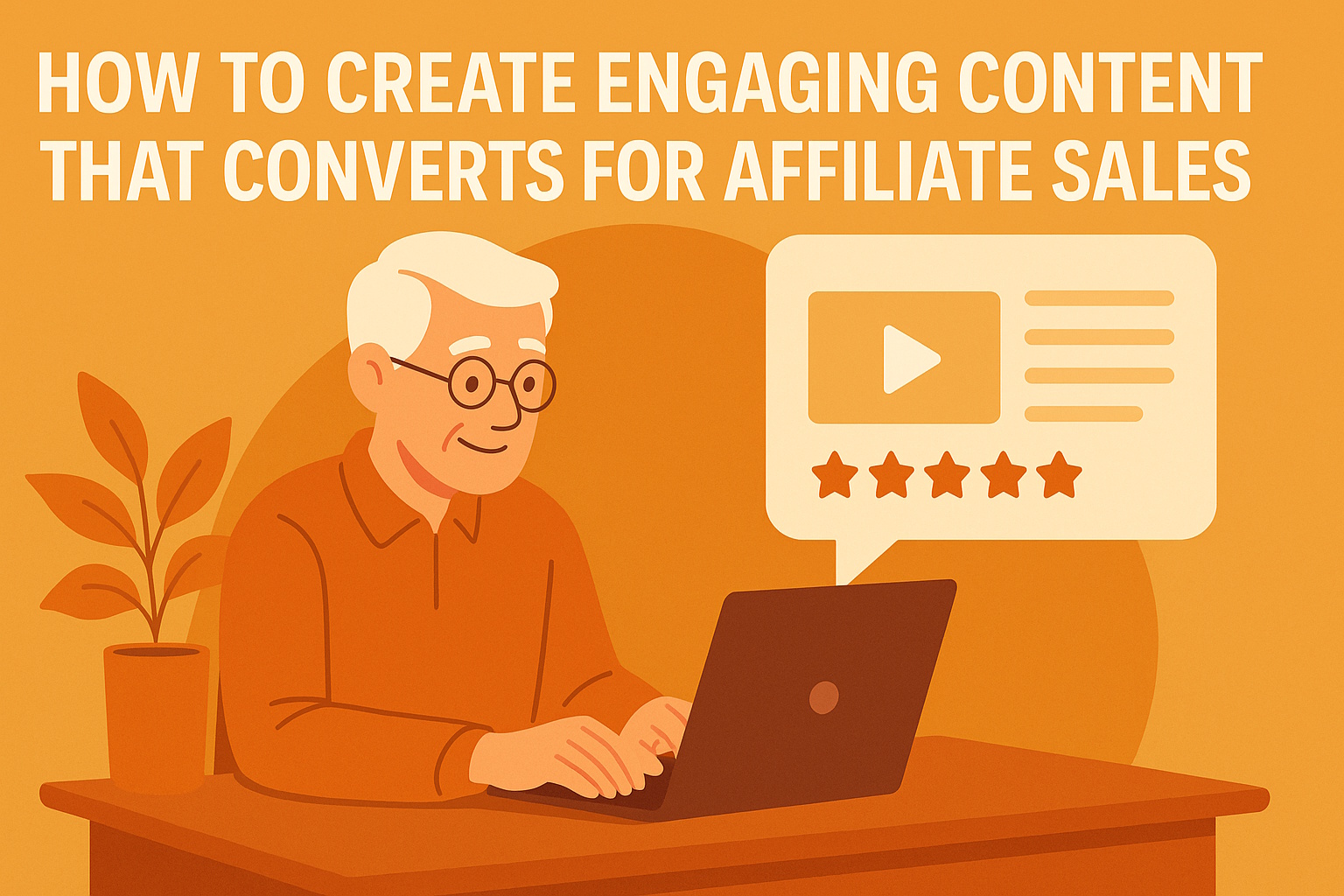 An older man with white hair and glasses, sitting at a desk, creating engaging content for affiliate marketing. A speech bubble next to him features a play button and five-star rating, set against a warm, balanced color palette.