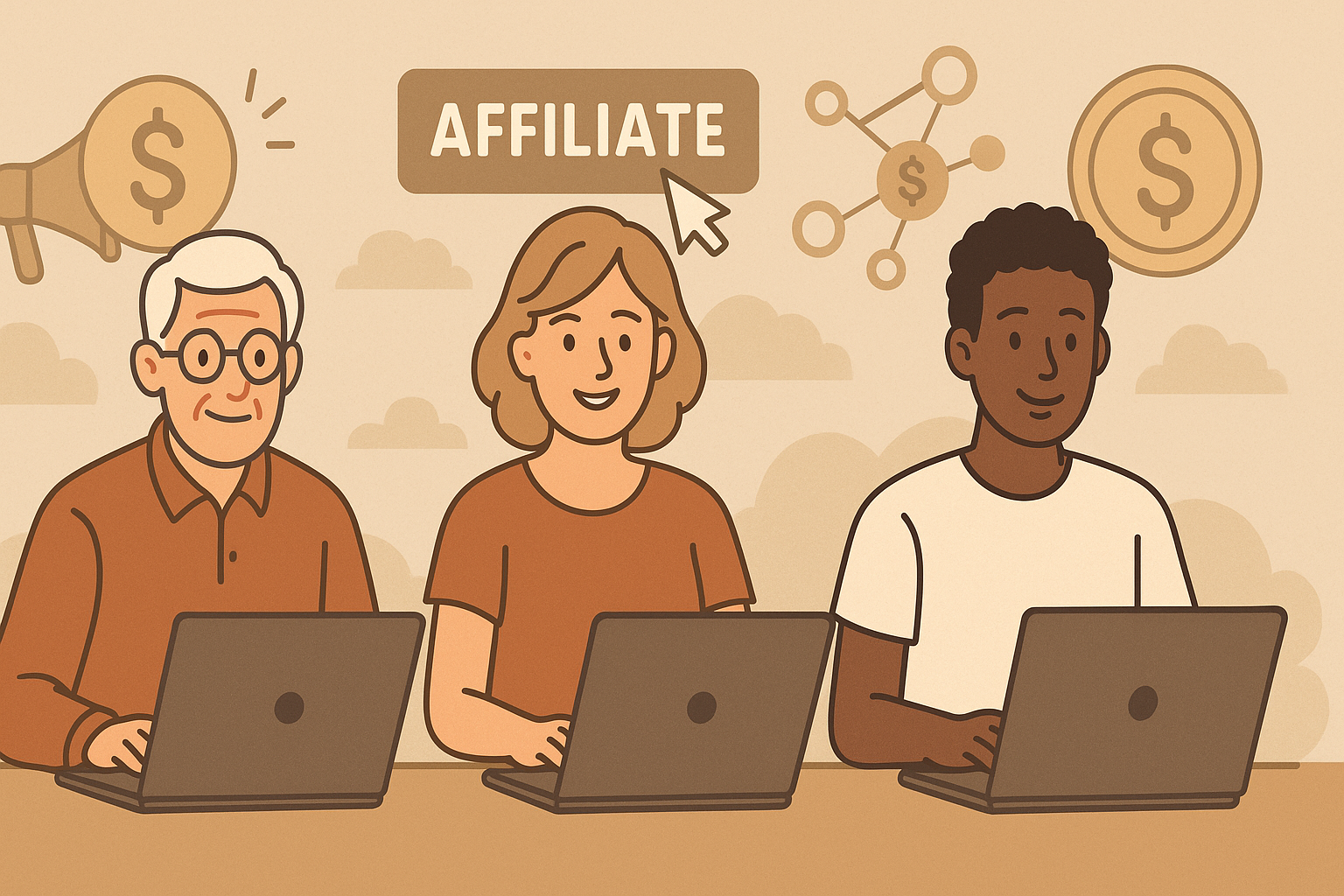 A diverse group of three individuals, an older man, a middle-aged woman, and a young man, all working on laptops and engaging with affiliate marketing, surrounded by related marketing icons.