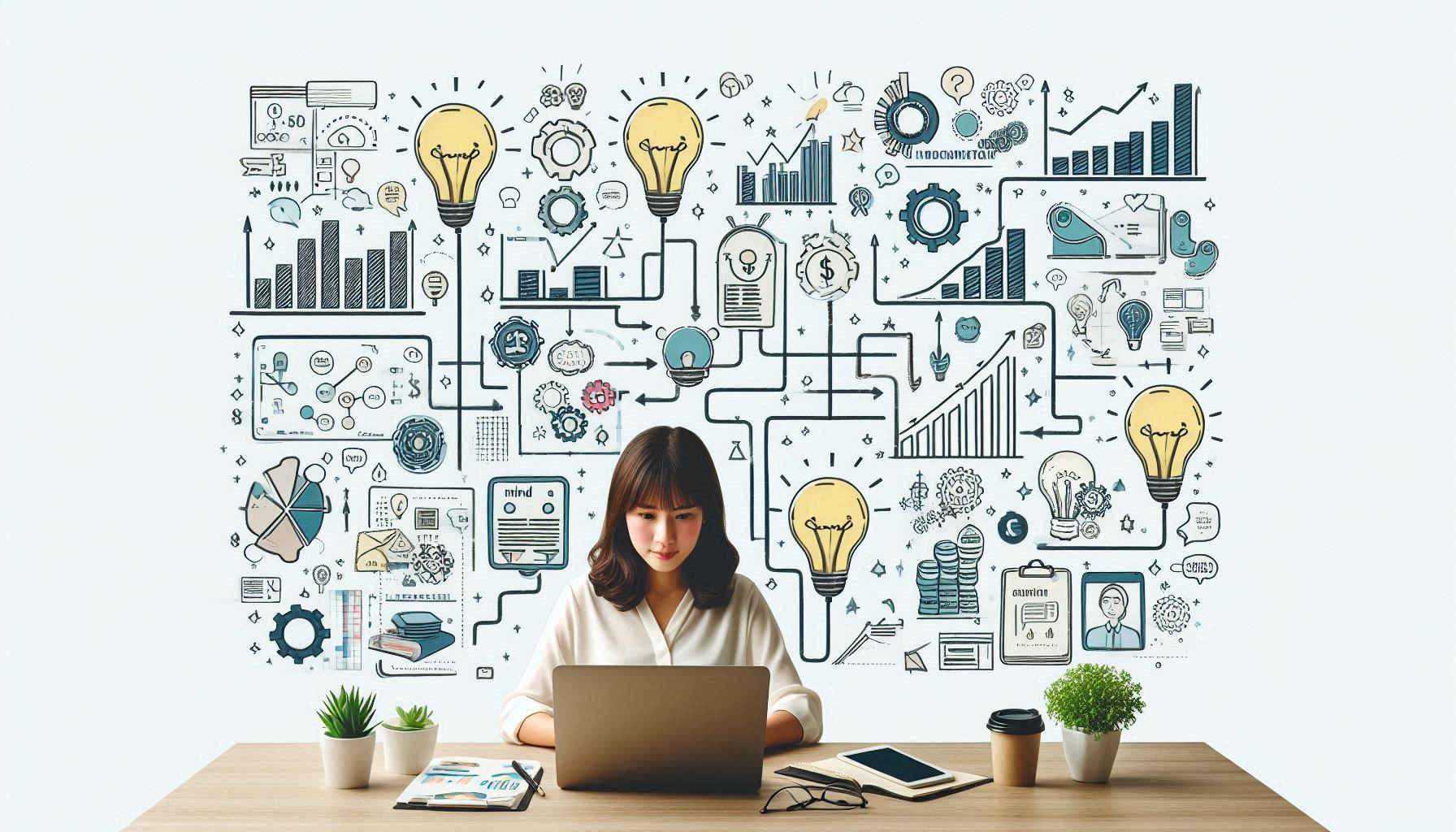 A young woman using mind mapping to generate business ideas, surrounded by creative icons like lightbulbs and growth charts.