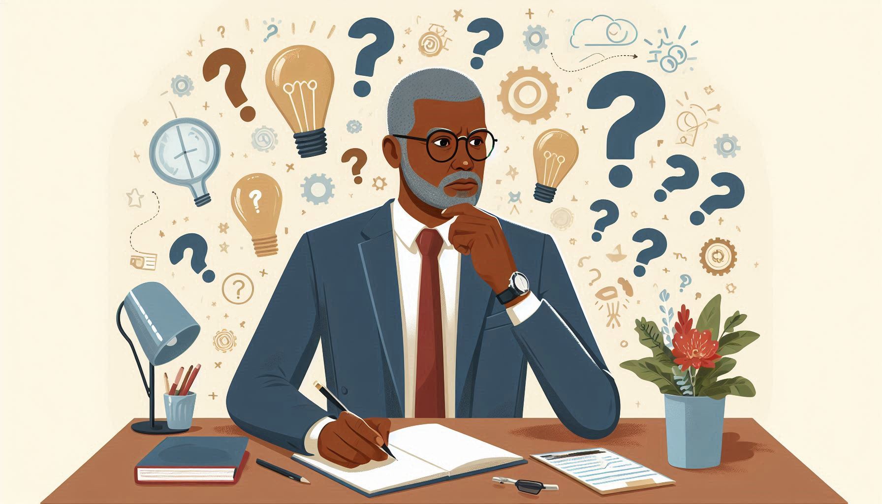 A middle-aged man thinking about business ideas, surrounded by icons of question marks, growth, and creativity.