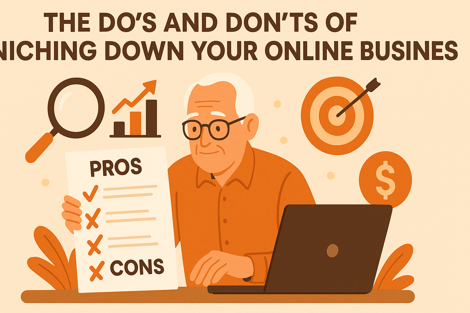 An elderly man with glasses sitting at a desk, reviewing pros and cons for niching down his online business, surrounded by affiliate marketing symbols like dollar signs and bar graphs.