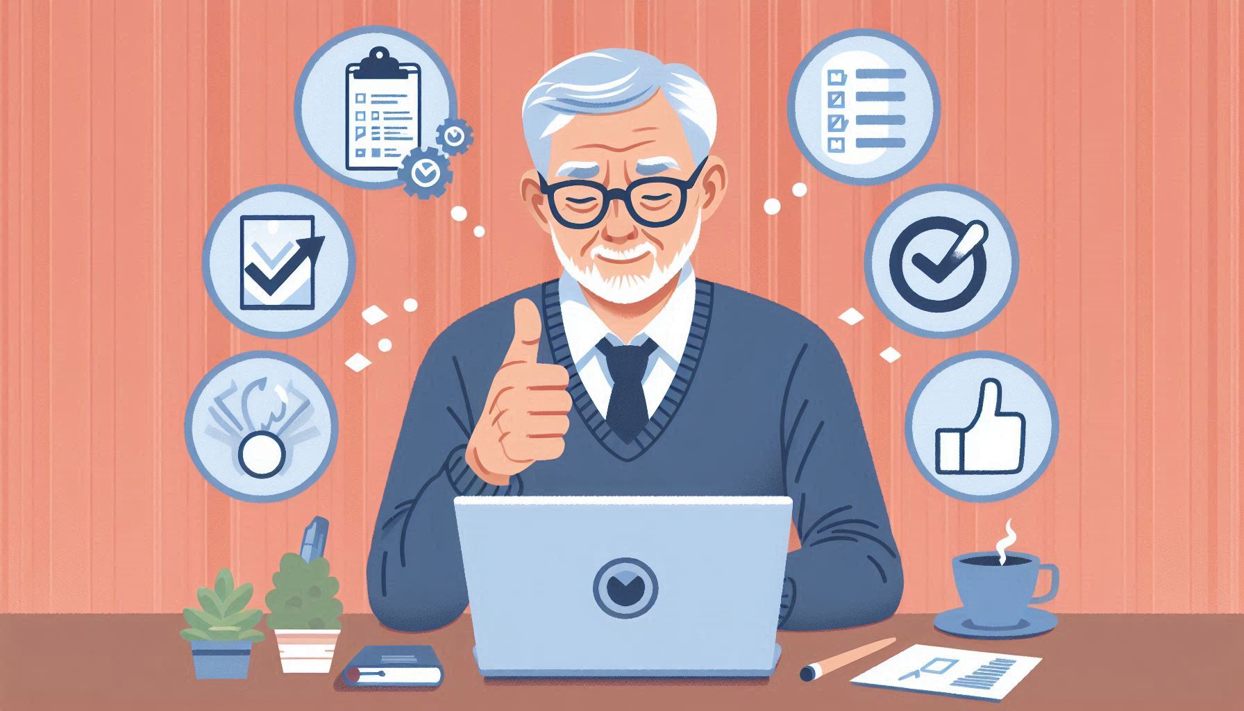 An elderly man reviewing a checklist and validating his online business idea on his laptop, surrounded by icons of market validation and approval.