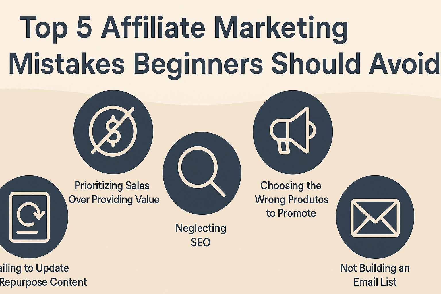 Infographic illustrating the top 5 affiliate marketing mistakes beginners should avoid, including neglecting SEO and failing to provide value, in a clean 16:9 design.