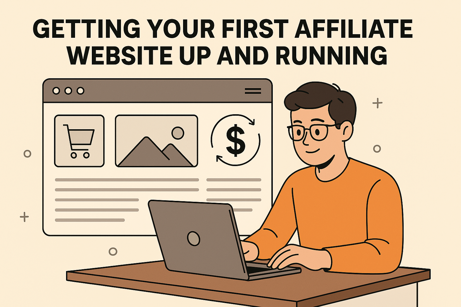 Digital illustration showing a young man working on his first affiliate website with a laptop and affiliate marketing content displayed on the screen.