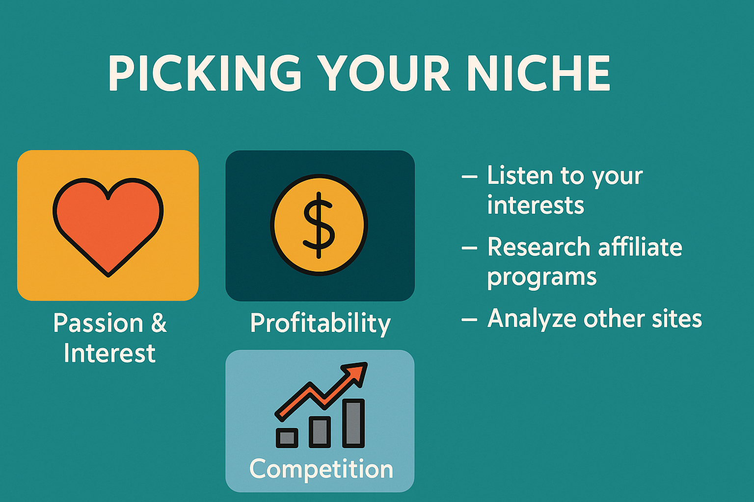 Infographic outlining the process of picking a niche for affiliate marketing, with icons representing passion, profitability, and competition.