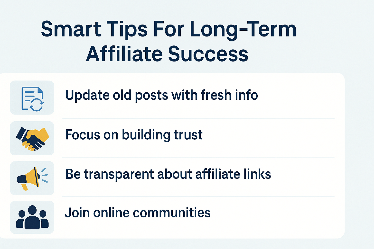 Infographic with four smart tips for long-term affiliate marketing success, including updating posts, building trust, transparency with affiliate links, and joining online communities.