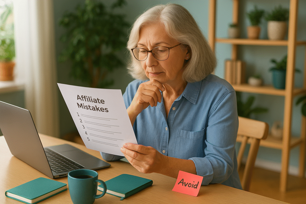 Retiree reviewing a checklist of common affiliate marketing mistakes beginner.