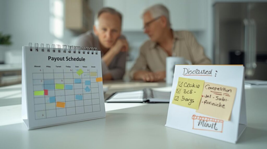 Couple reviewing payout terms, cookie duration, competition, and disclosures.