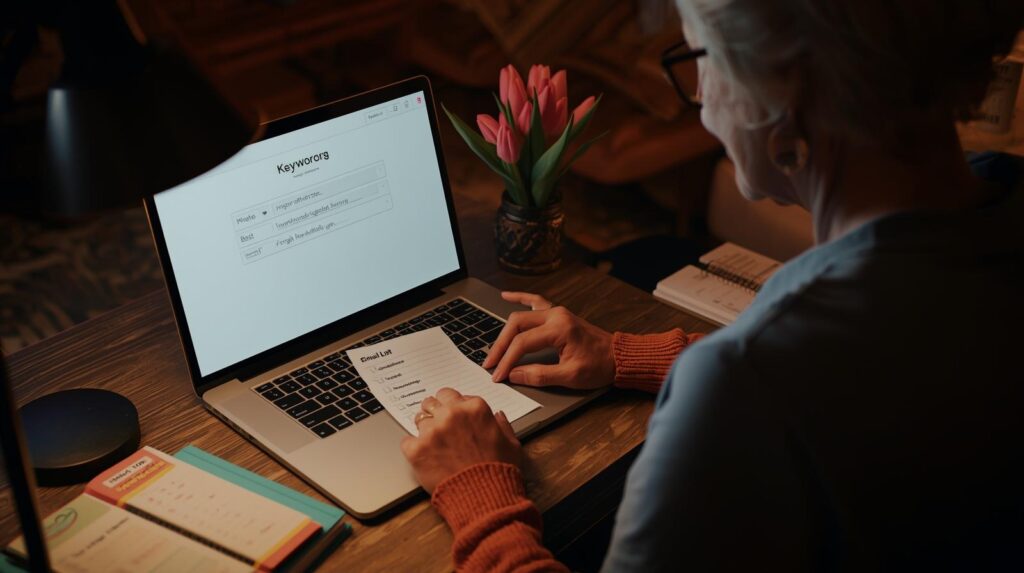 Retiree pairing email list building with basic SEO keyword planning.