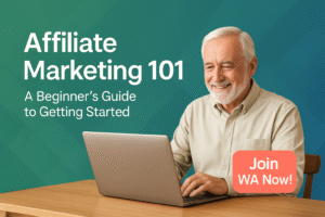 Illustration representing affiliate marketing 101 beginners guide with modern flat icons and styled design.
