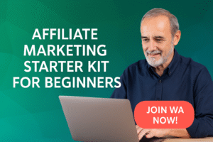 Starter kit essentials for affiliate marketing with icons of laptop, gear, and checklist.