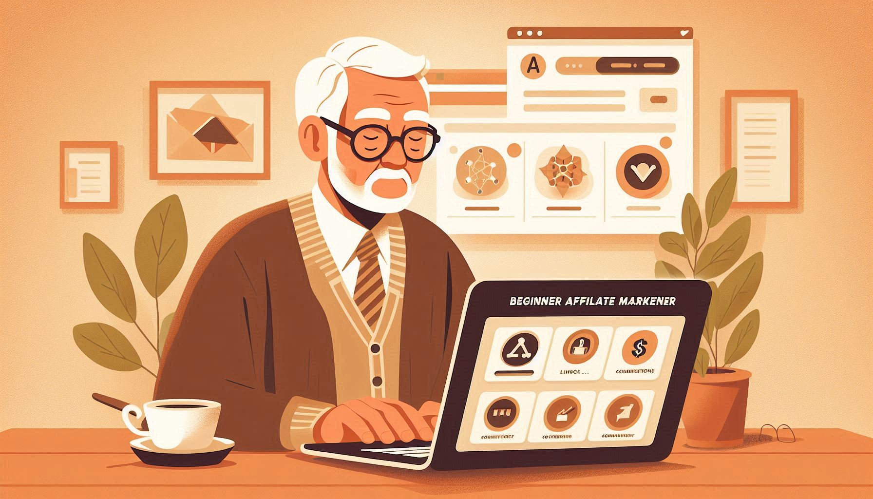 An elderly man with glasses, working on his laptop to learn affiliate marketing, with icons representing commissions, links, and website traffic.