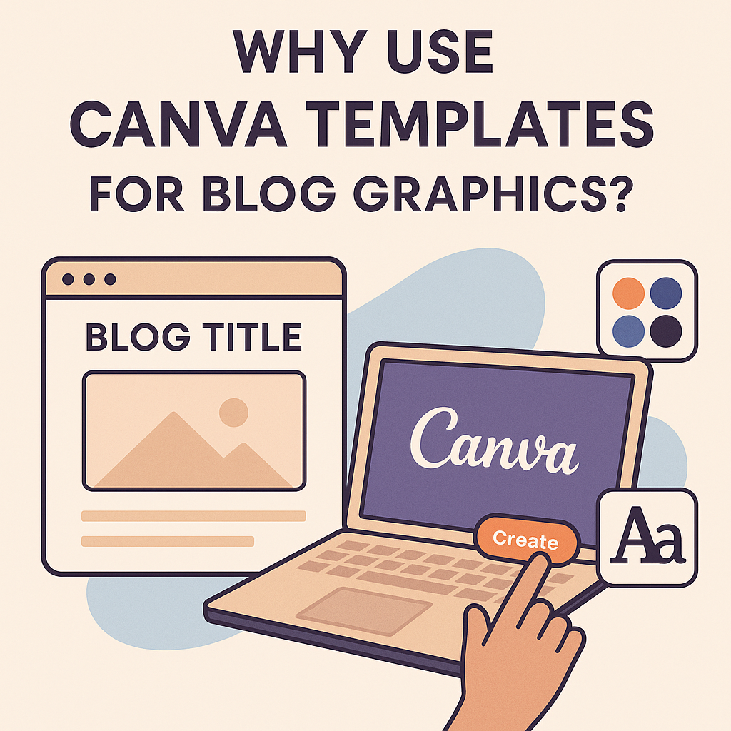 Illustration showing the question 'Why use Canva templates for blog graphics?' with a laptop displaying Canva’s logo and template options for blog graphics.