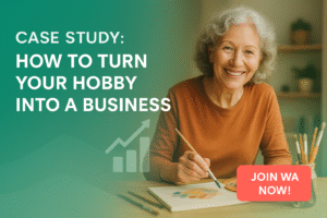 Illustration representing hobby into business case study with modern flat icons and styled design.