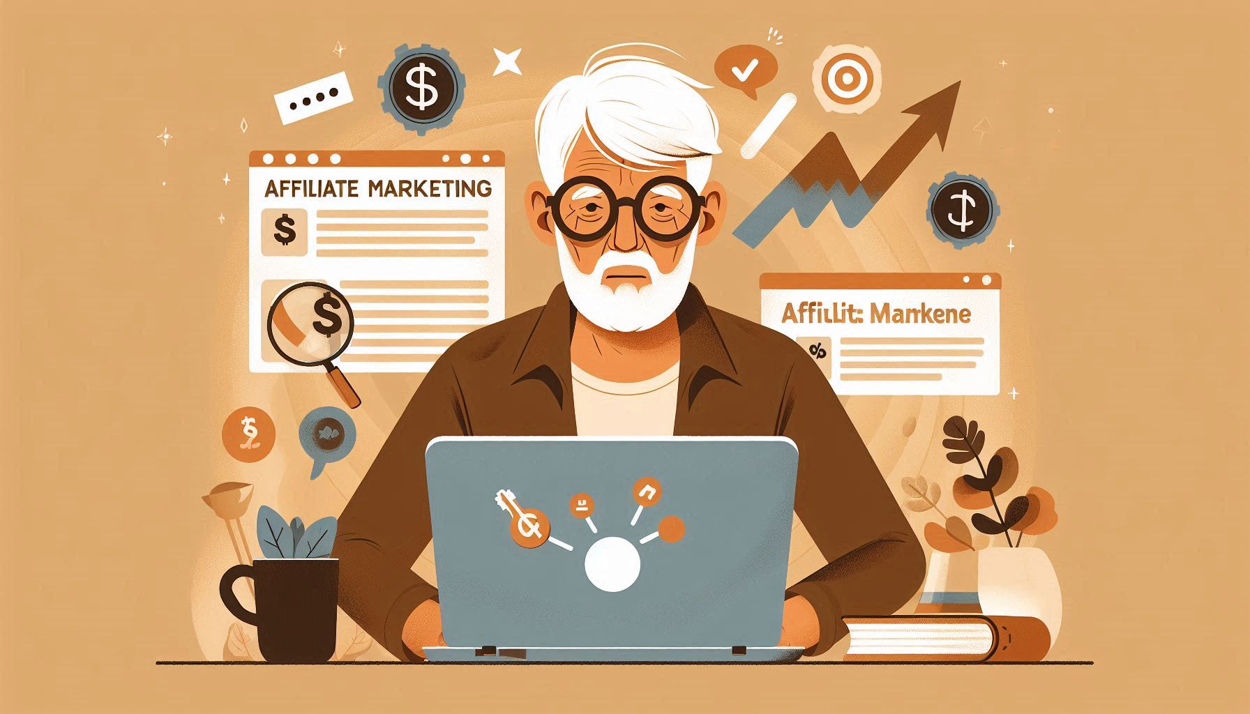 An older man with glasses sitting at a desk, analyzing affiliate marketing mistakes on his laptop. The laptop screen displays "Common Affiliate Marketing Mistakes" with a warning icon.