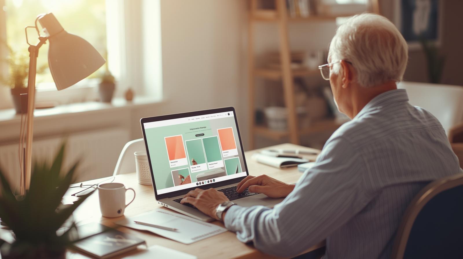 Person creating a blog banner in Canva on a laptop