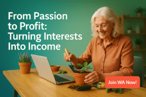 Illustration representing passion to profit turning interests into income with modern flat icons and styled design.
