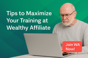 Training success tips for Wealthy Affiliate users with charts and productivity icons.