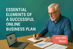 Illustration representing online business plan elements with modern flat icons and styled design.