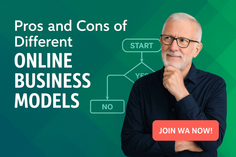 Illustration representing pros cons online business models with modern flat icons and styled design.