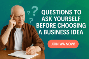 Illustration representing questions before choosing business idea with modern flat icons and styled design.