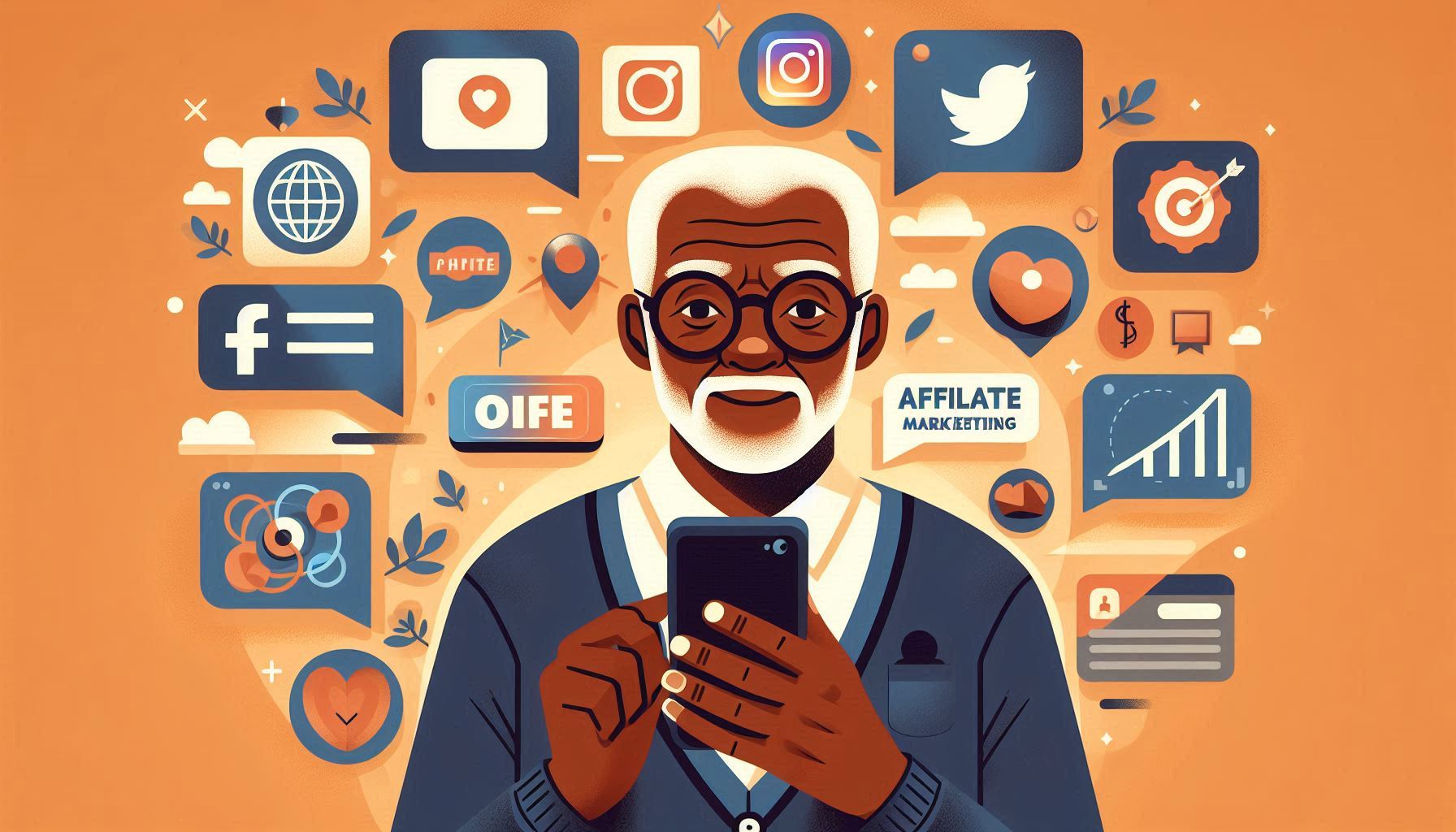 An elderly man using a smartphone to interact with social media platforms like Facebook and Instagram, with icons representing affiliate marketing success