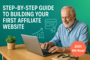 Retiree working on a laptop with step-by-step website guide in the background.