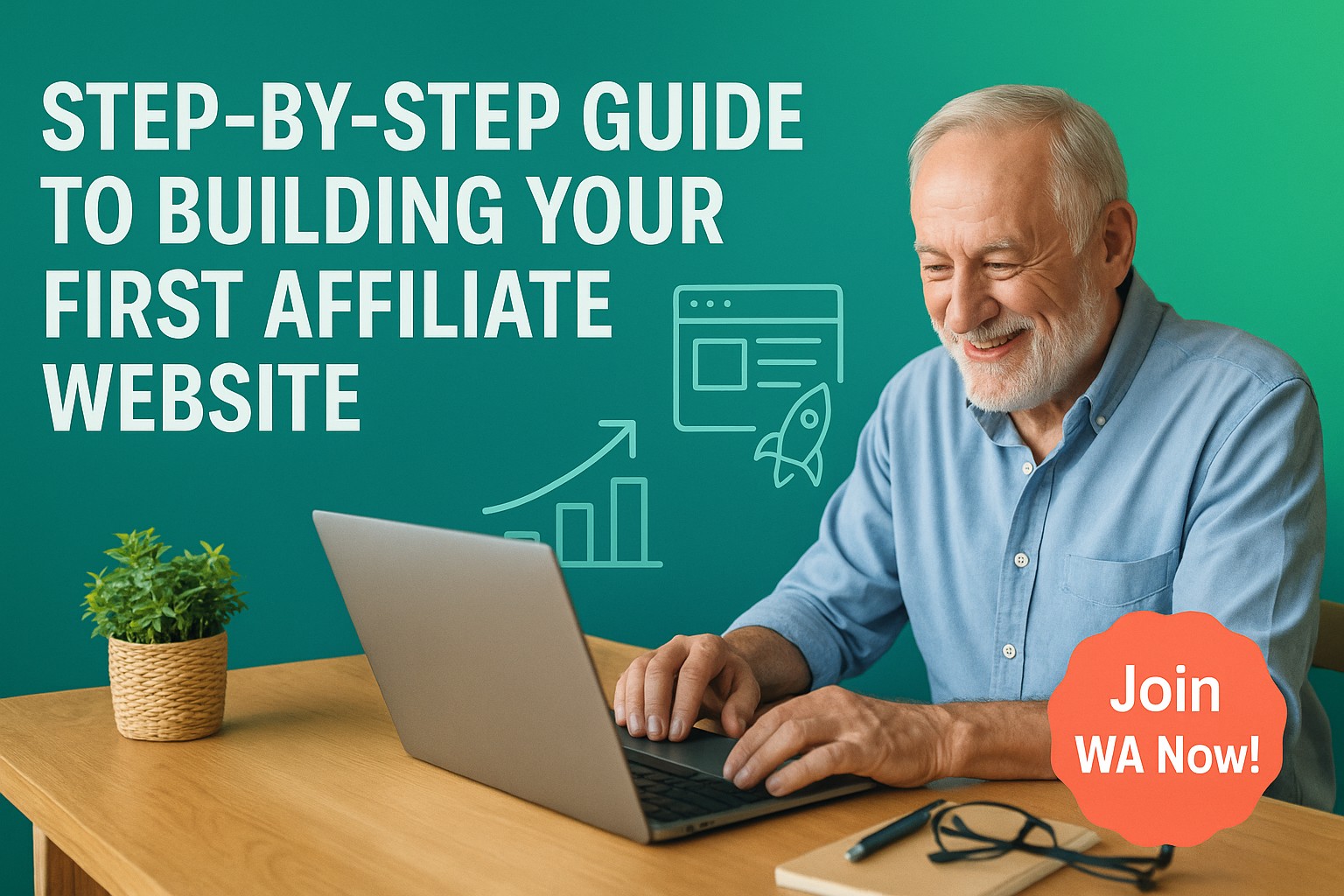 Retiree working on a laptop with step-by-step website guide in the background.
