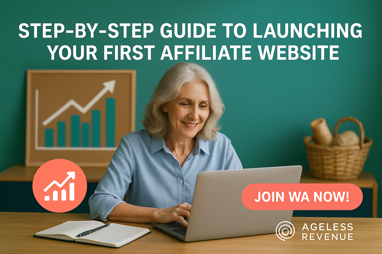 Happy retiree launching his affiliate website on a laptop.