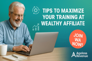 Elderly man learning online at his laptop with training icons.