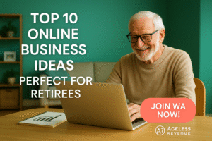 Smiling retiree using a laptop at home with a business chart in the background.