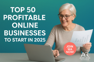 Retiree at desk browsing list of top profitable online businesses.