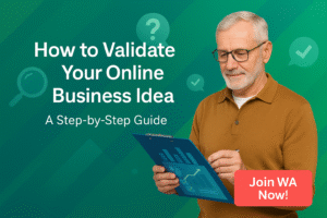 Illustration representing validate online business idea with modern flat icons and styled design.