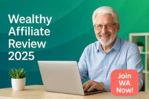 Illustration representing wealthy affiliate review 2025 with modern flat icons and styled design.