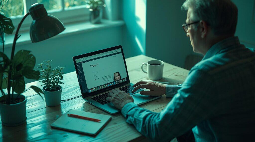 Retiree working on laptop in kitchen. Working to get his First Affiliate Sale