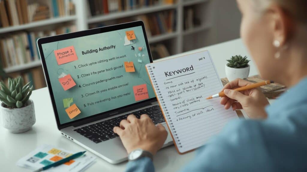 Retiree drafting a blog post outline with keyword notes and planning materials.
