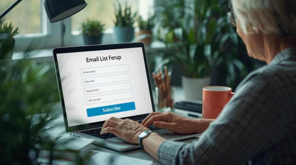 Retiree building an email opt-in form on a laptop to grow their list.

