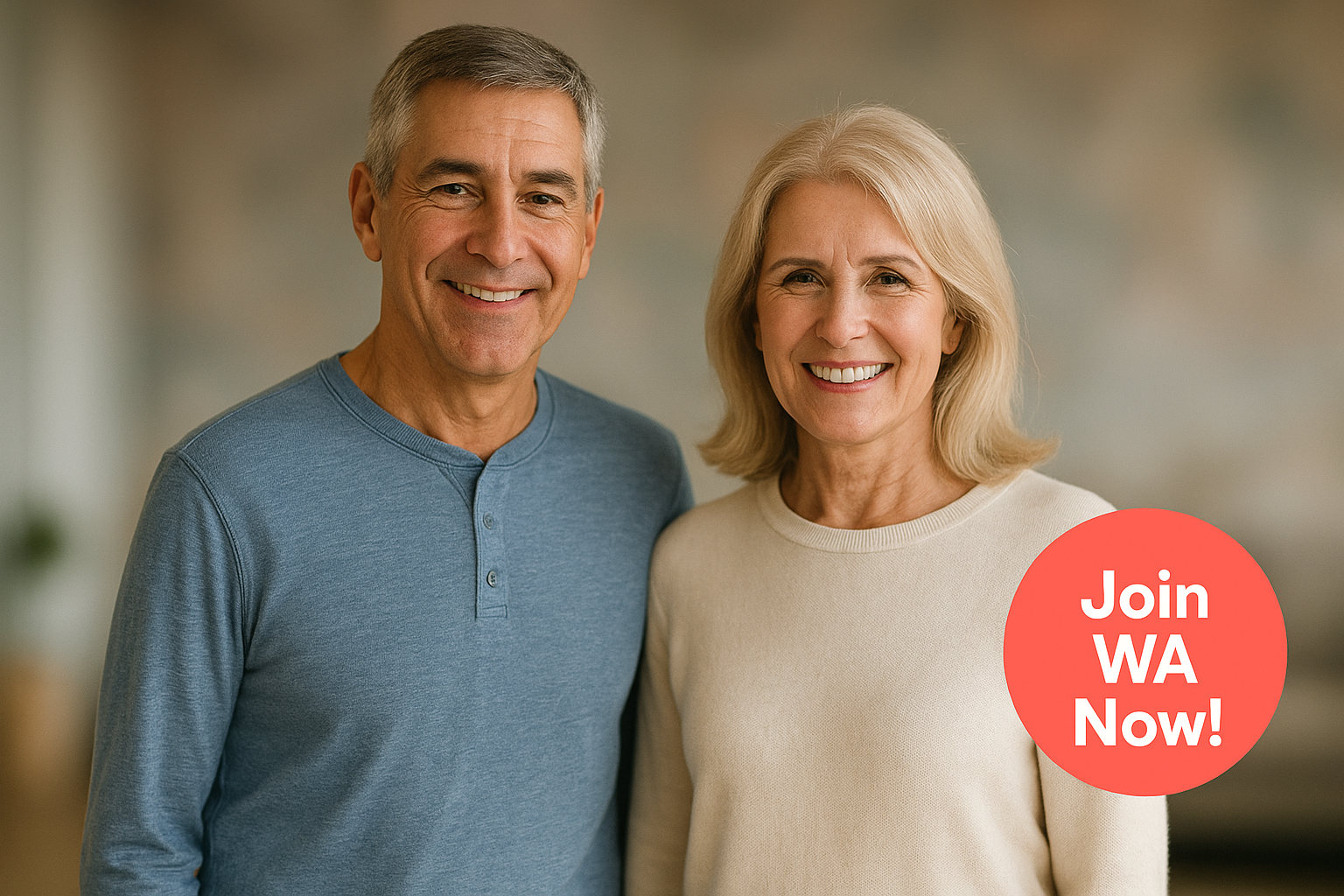 Happy retirees working on affiliate content with brand-tinted background and Join WA Now badge.
