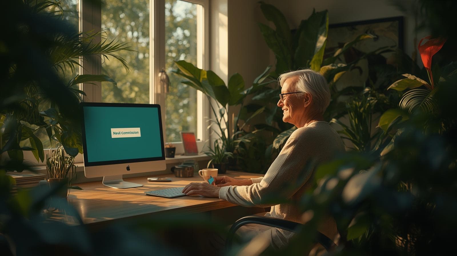 Retiree in a cozy garden office smiling at a new affiliate commission notification on their laptop.