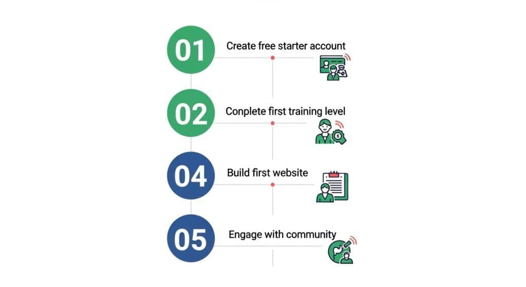 Five steps to start with Wealthy Affiliate in 2025 – create account, complete level one, build site, publish first article, engage with community