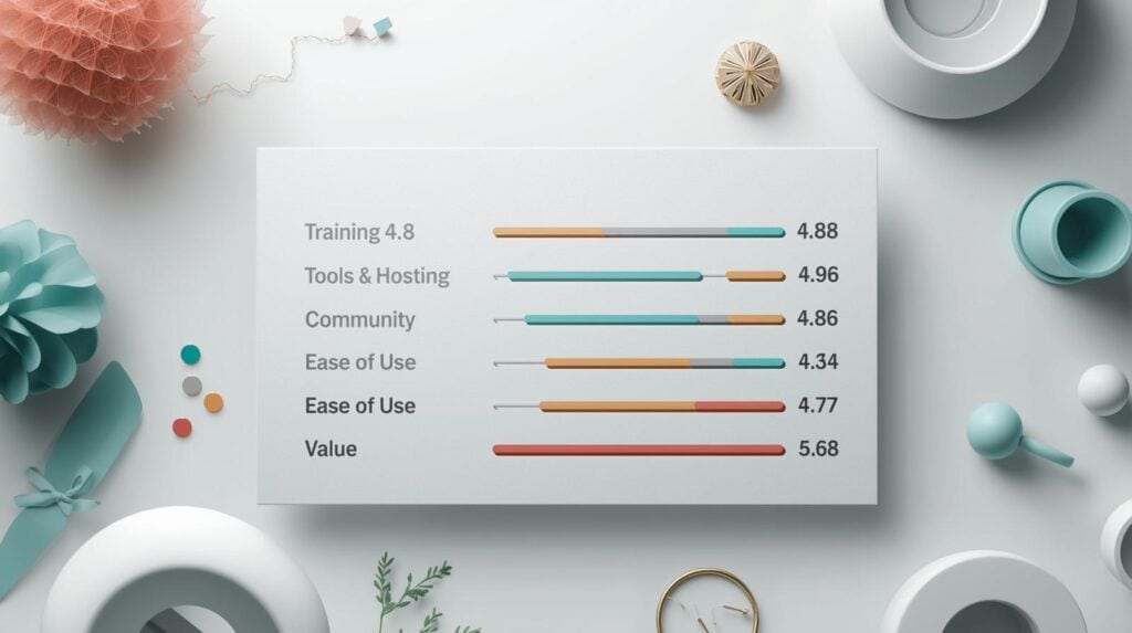 Wealthy Affiliate Review 2025 scorecard showing training, tools, community, ease of use and value ratings