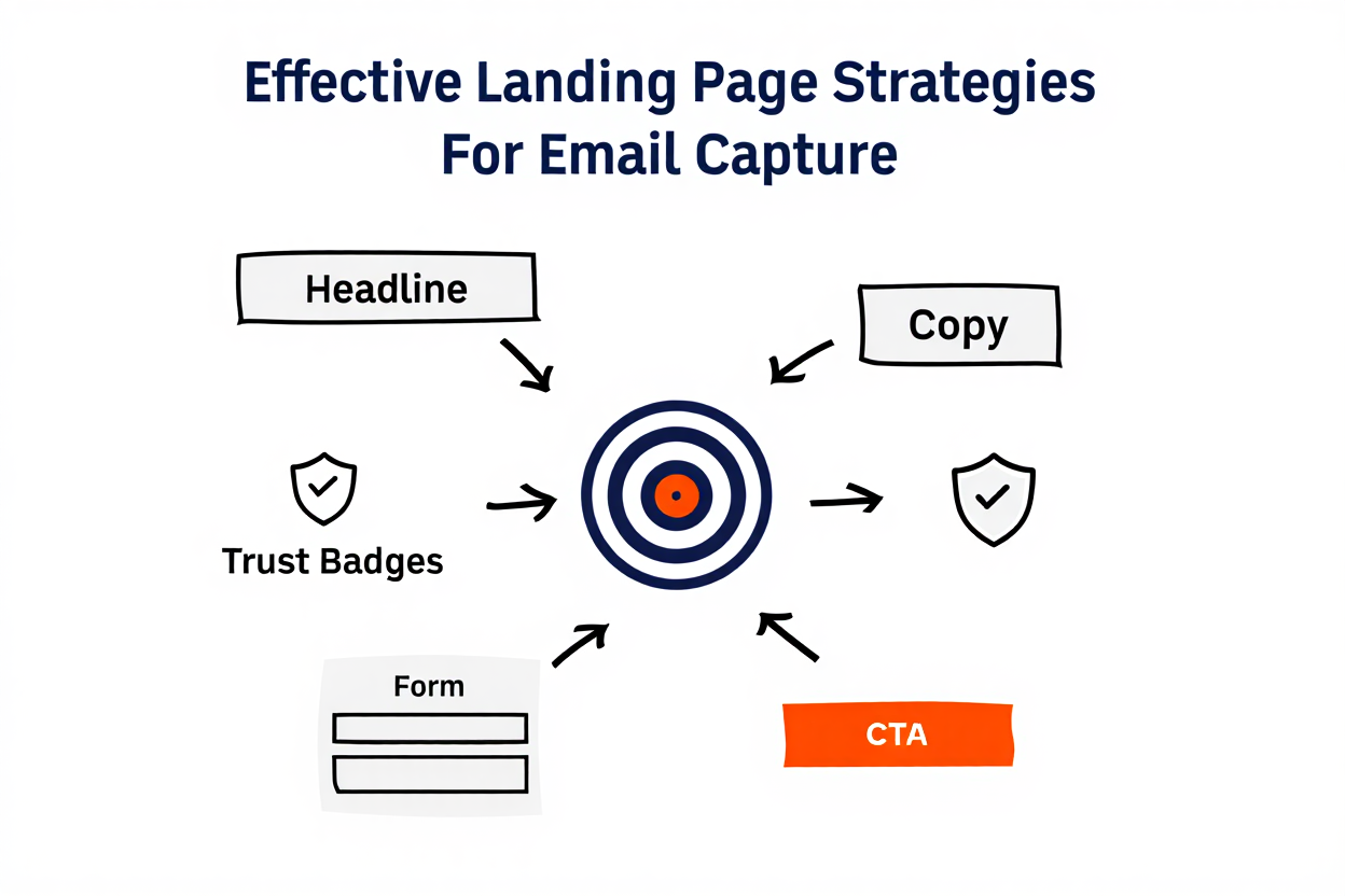 Graphic illustrating the 5-part formula for high-converting landing page strategies for email capture.