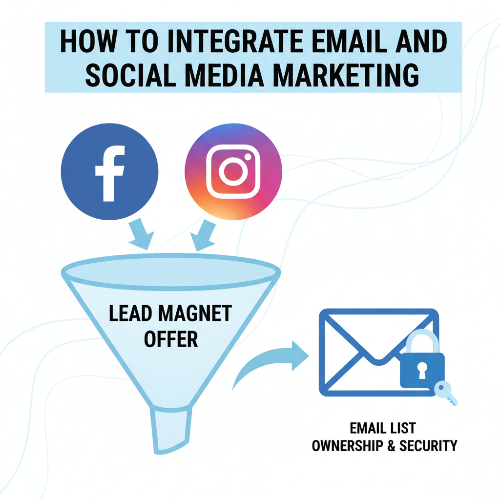 Diagram illustrating the cross-channel strategy to convert social media followers into owned email subscribers via a lead magnet.