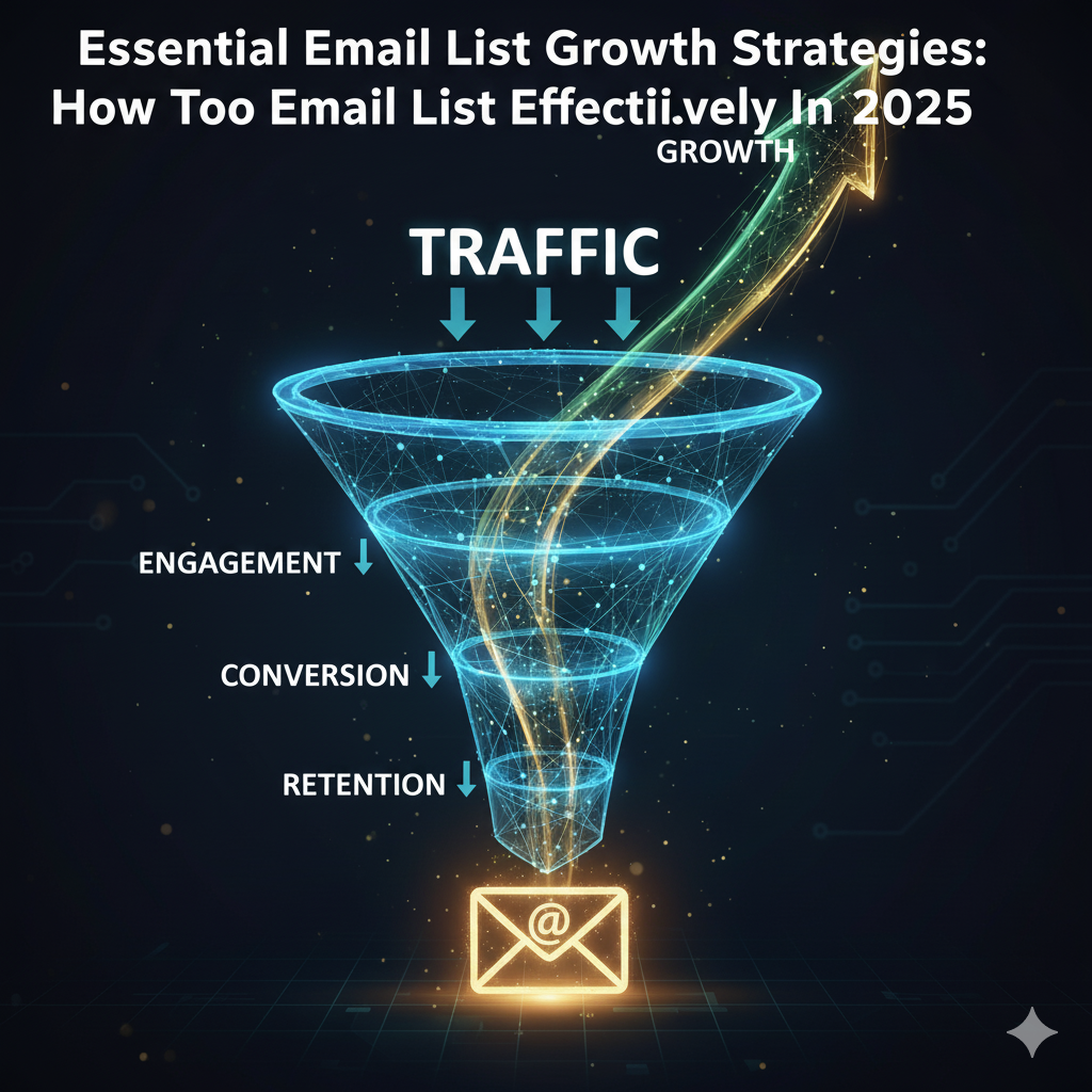 Abstract graphic illustrating effective email list growth strategies funneling website traffic into high-converting subscribers.